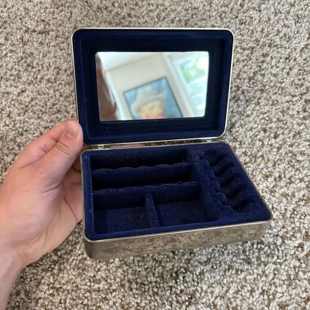 Vintage Silver-Plated Jewelry Box Gold Tone Bow, Blue Felt Interior with Mirror